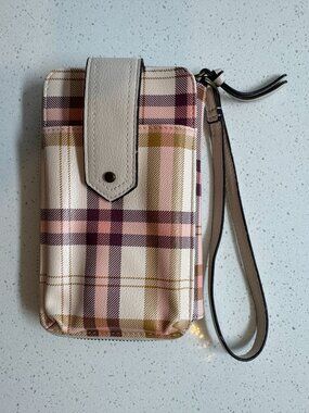 Tan and Pink Plaid Wristlet Wallet with Phone Case